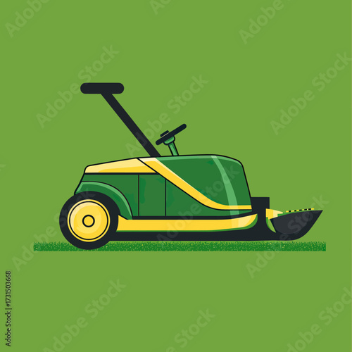 Flat minimalist vector illustration of green and yellow zero turn lawn mower with grass background for lawn care and landscaping equipment