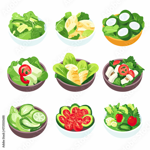 Isometric vector illustration of nine assorted fresh salad bowls with leafy greens, cucumbers, tomatoes, cheese, and vegetables in flat minimalist style on white background