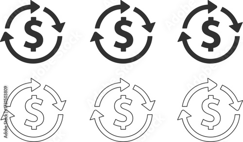 Dollar cycle vectors, money circulation symbols, financial flow icons, currency exchange graphics, black and white design, economic transaction, investment exchange illustration