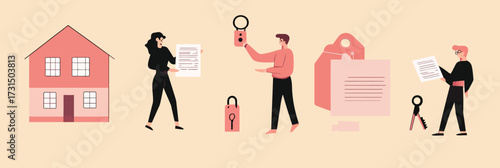 Flat minimalist vector illustration of people holding house keys and legal documents with house and lock icons symbolizing mortgage approval and property buying process