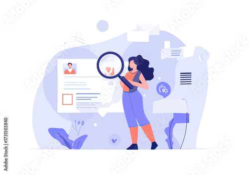 Female recruiter holding magnifying glass examining candidate resume profile for job application hiring selection process concept illustration in flat style