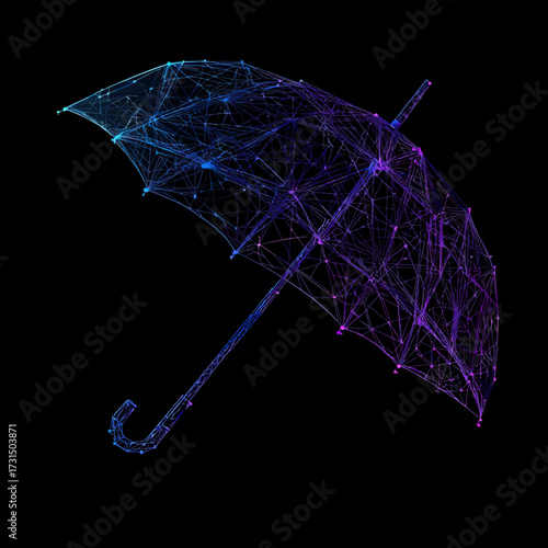Abstract low poly wireframe umbrella with blue and purple glowing lines on black background futuristic technology style protection concept vector illustration