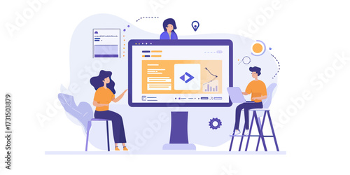 Team collaboration on software development and web design with coding interface, developers using laptops in modern office workspace flat vector illustration