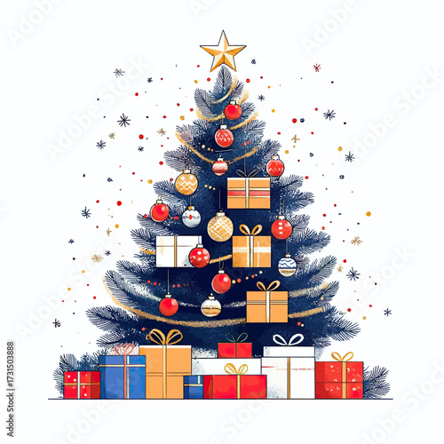 Festive Christmas tree decorated with colorful baubles and wrapped gift boxes under golden star topper winter holiday celebration design vector illustration