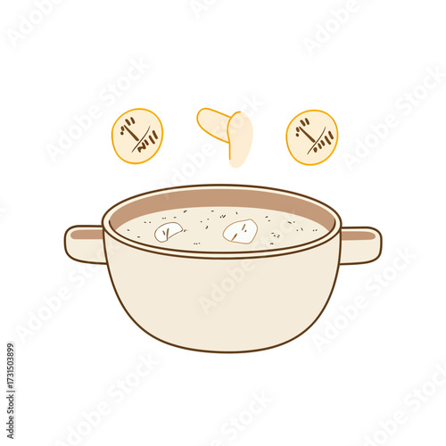 Creamy porridge bowl with sliced banana pieces floating above in flat minimalist vector style isolated on white background food illustration