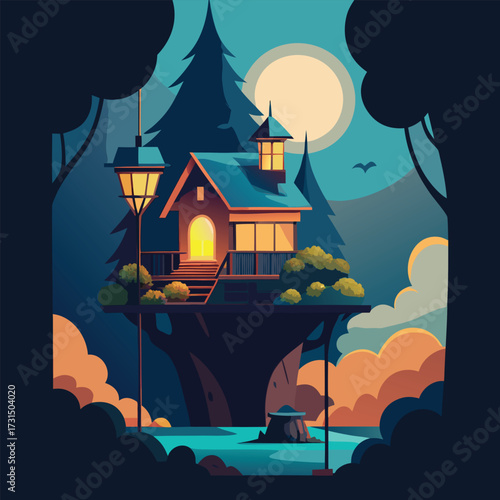 a glowing lantern lit storybook treehouse village  (2).eps