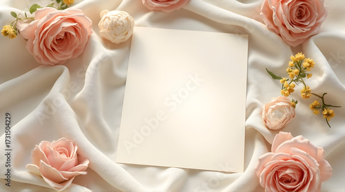 Elegant Soft Pink Rose and Yellow Flower Arrangement on White Satin Fabric with Blank Paper