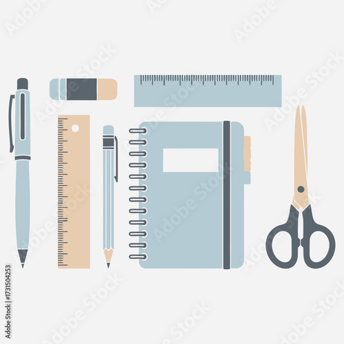 An overhead view of an assortment of stationery items including pens, pencils, a ruler, an eraser, a notebook, and scissors on a plain background