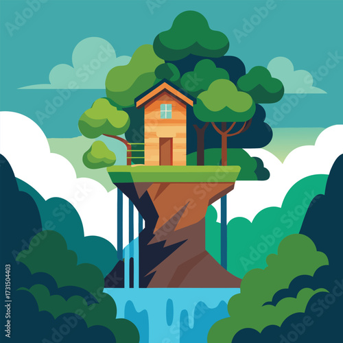 a hidden treehouse on the edge of a forest waterfa (1).eps