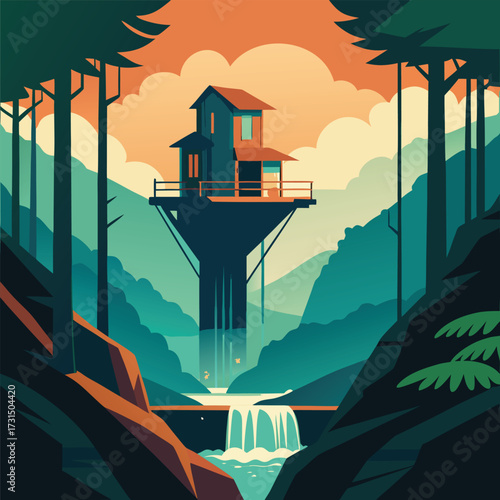 a hidden treehouse on the edge of a forest waterfa (2).eps
