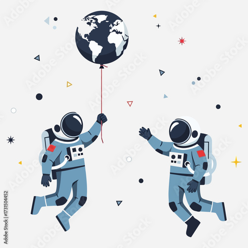 Astronauts floating in space holding a balloon shaped like the Earth, celebrating discovery and exploration