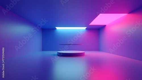 Abstract futuristic room with neon lighting and platform for product display or presentation