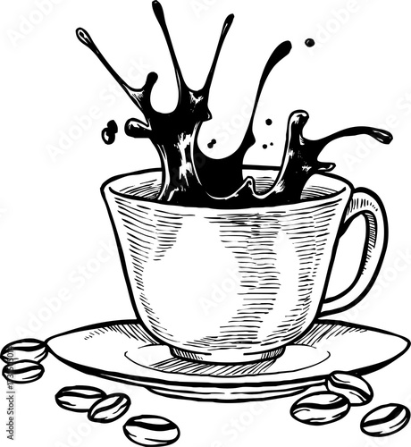 Monochrome Illustration of Coffee Cup with Spilled Liquid on Transparent Background