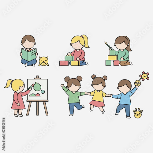 Children engaged in various playful activities like reading, painting, building blocks, and dancing, illustrating early childhood development and learning