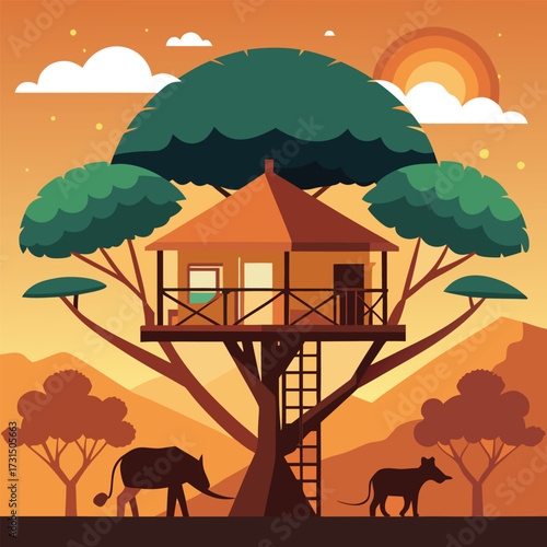 a safari lodge treehouse overlooking elephants  (1).eps