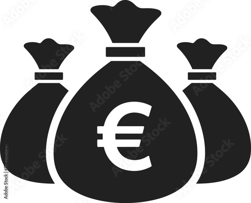 Euro money bags vector, financial wealth icon, currency sack illustration, economic prosperity, black and white symbol, investment, savings concept, fiscal gain