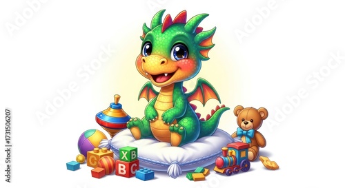 Adorable cartoon dragon with a collection of classic children's toys illustration