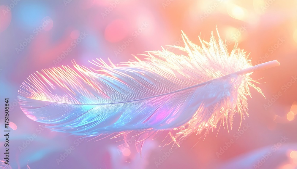 Fototapeta premium Illuminated feather floating on blurred, pastel bokeh background