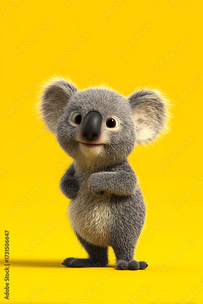 Obraz premium Cute animated koala character standing confidently against a bright yellow background