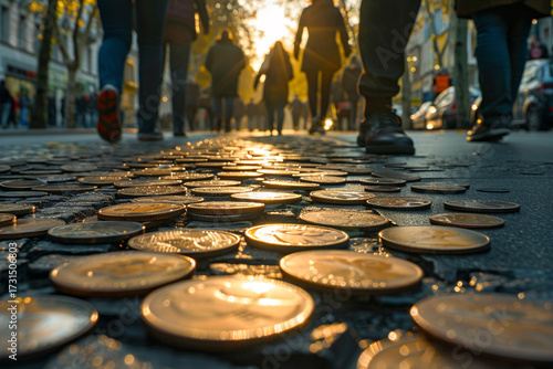 bustling street scene with people walking over shiny coins scattered on ground, illuminated by warm sunlight. atmosphere is lively and vibrant