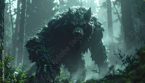 Ferocious beast in misty woods