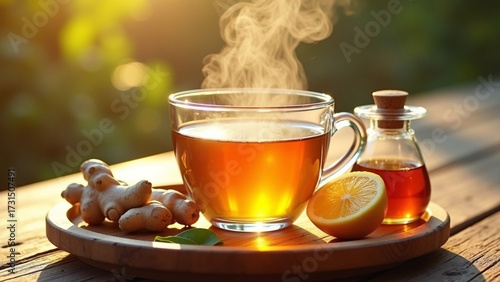 Herbal Tea with Lemon, Ginger, and Honey on Wooden Tray.
