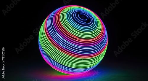 Spherical Light Painting: Captivating Spiral of Rainbow Illumination in Darkness