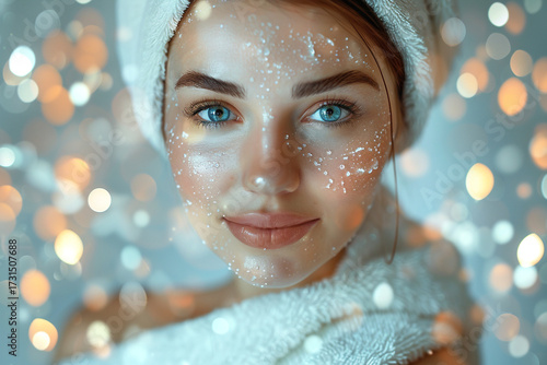 Close up portrait of woman with glowing skin, spa treatment, and soft bokeh background. Her blue eyes and natural beauty shine through, creating serene atmosphere