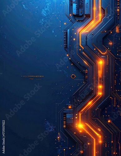 Glowing circuit board, dark blue background