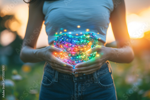 woman holds glowing heart made of colorful lights in field at sunset, symbolizing love and positivity. vibrant colors create magical atmosphere