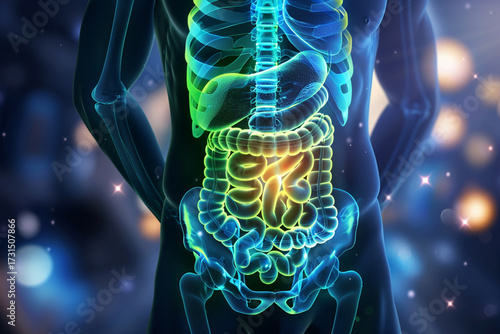 detailed illustration of human digestive system, showcasing organs like stomach and intestines in vibrant colors. image highlights complexity and beauty of human anatomy