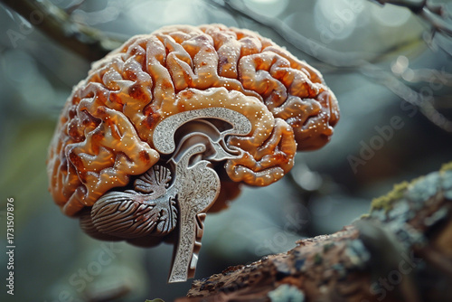 detailed brain model with intricate textures placed on natural background, showcasing blend of organic and artificial elements. scene evokes curiosity and wonder