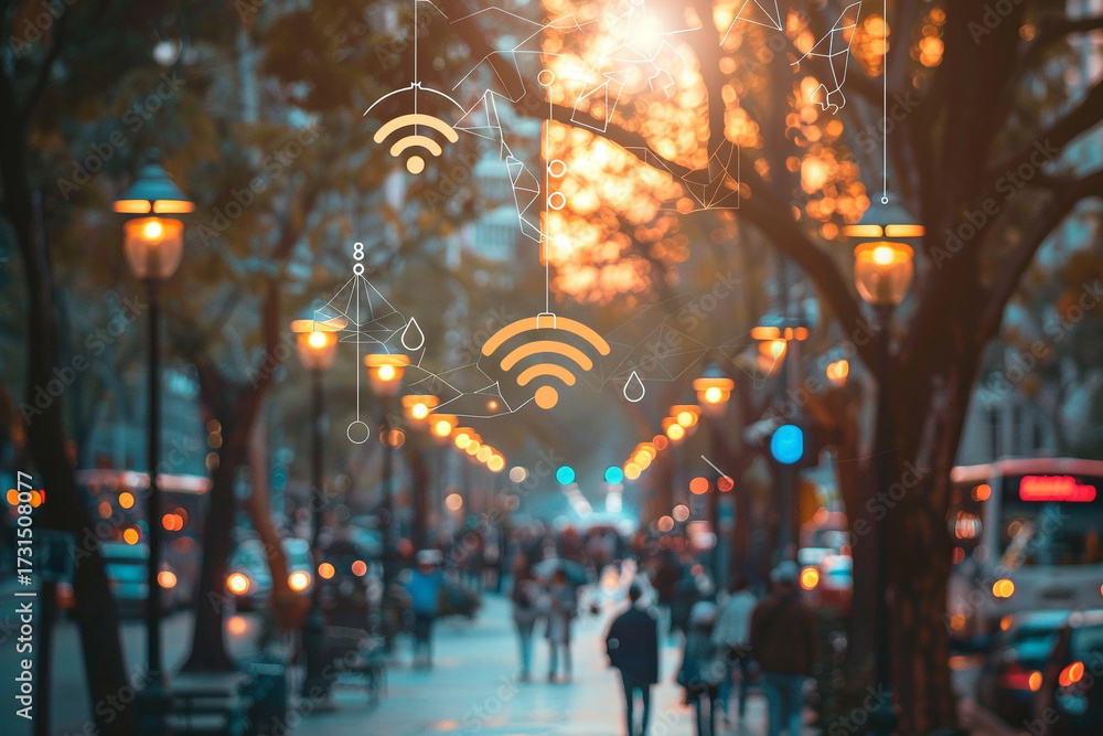 Obraz premium bustling city street at sunset with Wi Fi symbols and glowing lamps, creating vibrant atmosphere