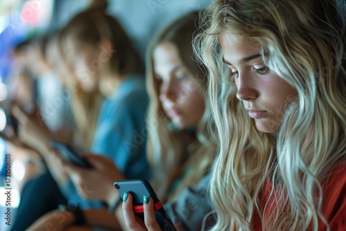 group of young women focused on their smartphones, showcasing modern technology use and social interaction. scene captures moment of concentration and connection