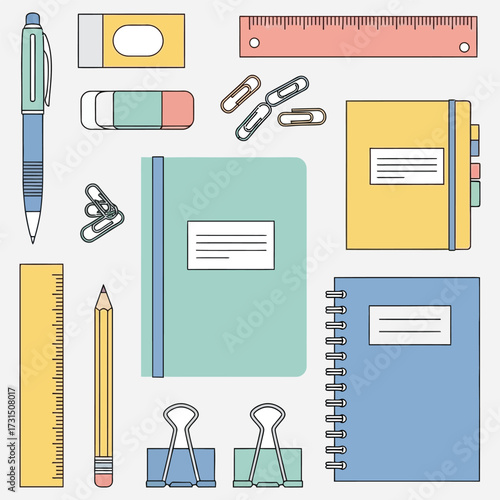 Flat lay illustration of organized stationery supplies for school and office work, including notebooks, a pen, and paper clips