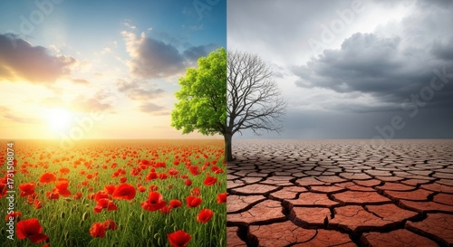 Climate change illustration showing contrasting landscape and tree health