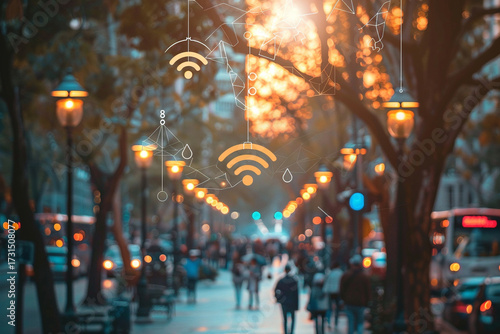 bustling city street at sunset with Wi Fi symbols and glowing lamps, creating vibrant atmosphere