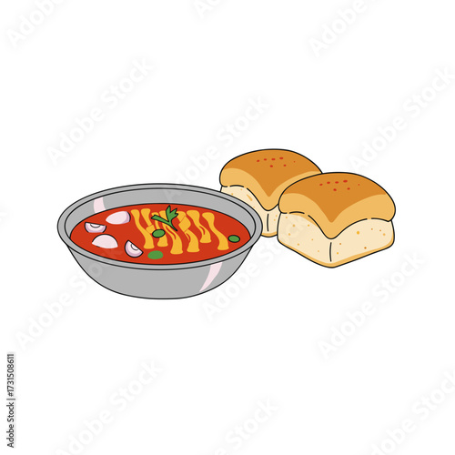 Delicious Indian Pav Bhaji with Fresh Buns and Garnishes, Close-up View.