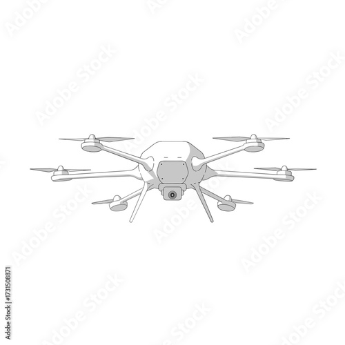 Detailed Line Art Illustration of a Six-Rotor Drone with Central Camera