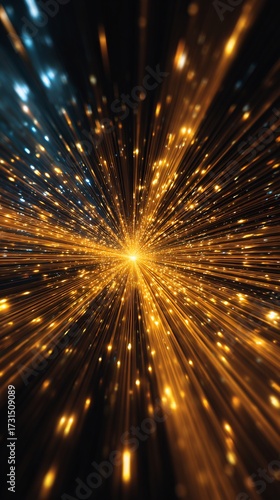 Abstract Golden and Blue Light Trails Exploding from Center, Symbolizing Data, Digital Technology, Communication, Speed, and Energy