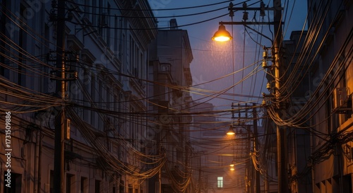 Wallpaper Mural Illuminated city street at twilight with tangled electrical wires creating a sense of depth Torontodigital.ca
