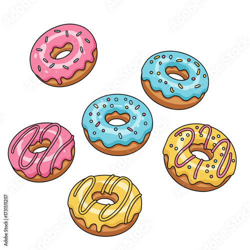 Colorful Cartoon Donuts with Various Glazes and Sprinkles