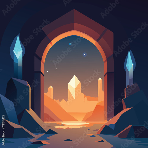 arch cave lit by glowing crystals inside  (1).eps