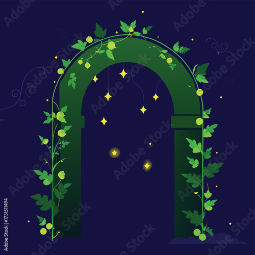 arch covered in vines with glowing fireflies .eps