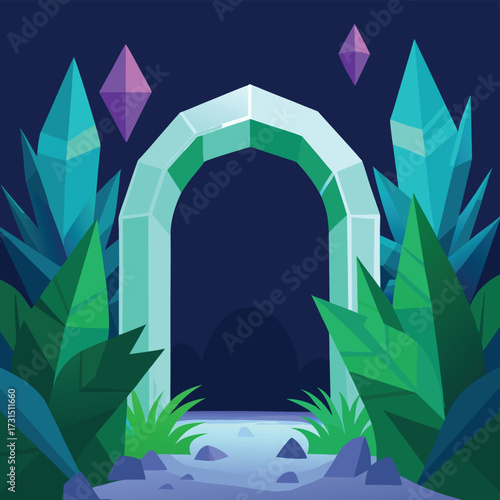 arch made of luminous crystals in jungle .eps