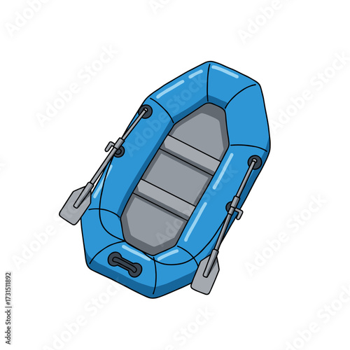 Cartoon Illustration of a Blue Inflatable Raft with Oars for Water Adventures