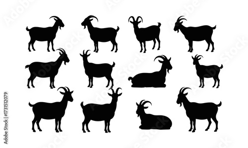 Goat silhouettes, farm animals, black vector goats, livestock illustration, horned goat poses, walking goats, standing goats, lying goat, animal clipart