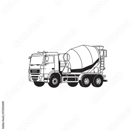 Detailed Black and White Illustration of a Concrete Mixer Truck