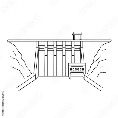 Minimalist line drawing of a hydroelectric dam with surrounding rock formations