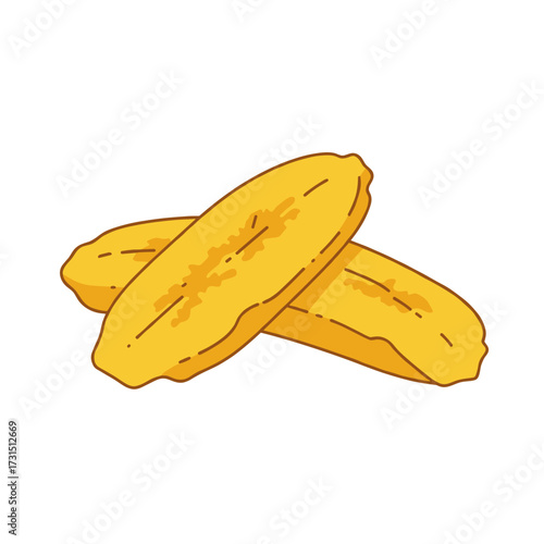 Two golden, fried plantain slices with detailed textures and lines.